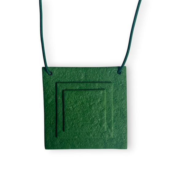 Bold Dark Green Stacked Square Necklace – Modernist Polymer Clay Jewellery with elastic cord and  adjustable fasting