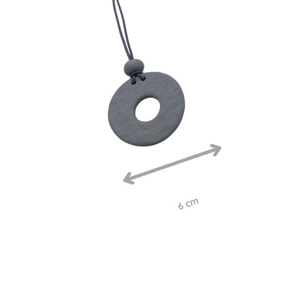 Grey Polymer clay necklace and glasses holder showing size on a white background