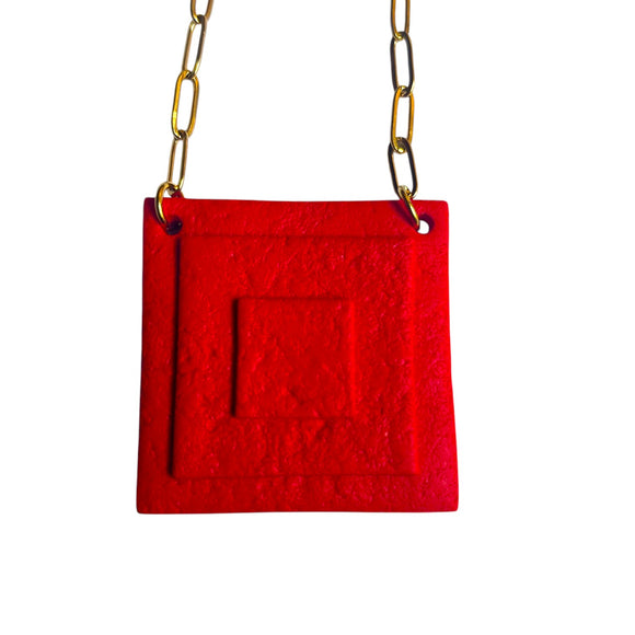 Golden Stainless Steel Paper clip Chain Necklace with Red square pendant Adjustable Fit Modernist  Necklace