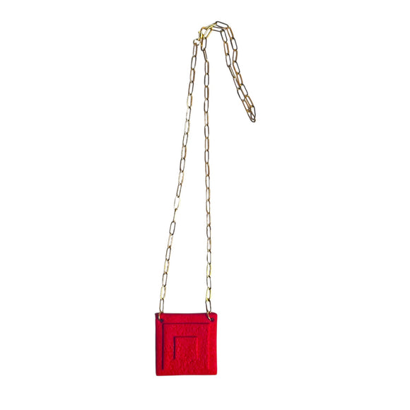 Golden Stainless Steel Paper clip Chain Necklace with Red square pendant Adjustable Fit Modernist  Necklace