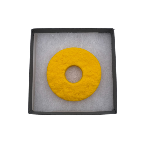 Yellow Polymer Clay Brooch in a box on a white background 