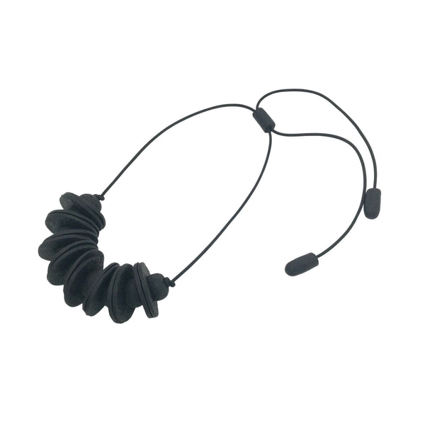 Black Disc and Bead Polymer Clay statement necklace with coordinating elastic cord