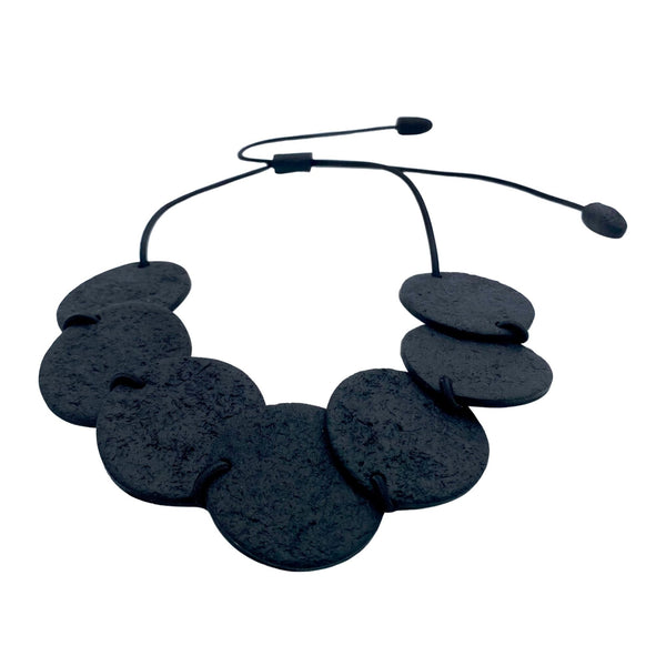 Black Disc and Bead Polymer Clay statement necklace with coordinating elastic cord