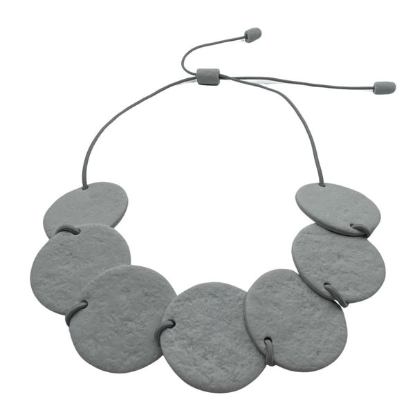 Grey polymer clay statement necklace with overlapping discs on elastic cord Cara 