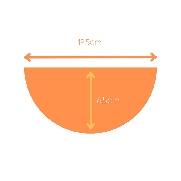 Image showing dimensions of orange half circle polymer clay statement necklace with coordinating elastic cord